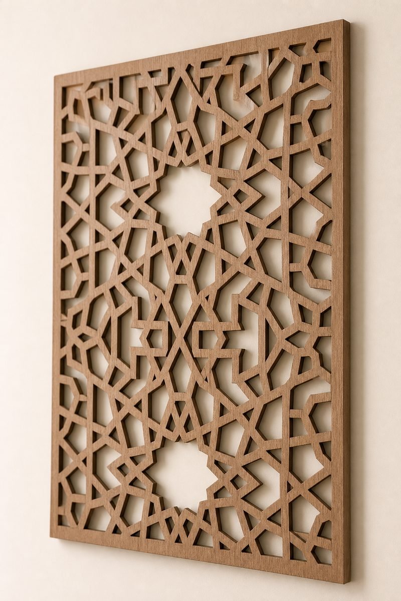 Finished laser-cut geometric wood wall panel